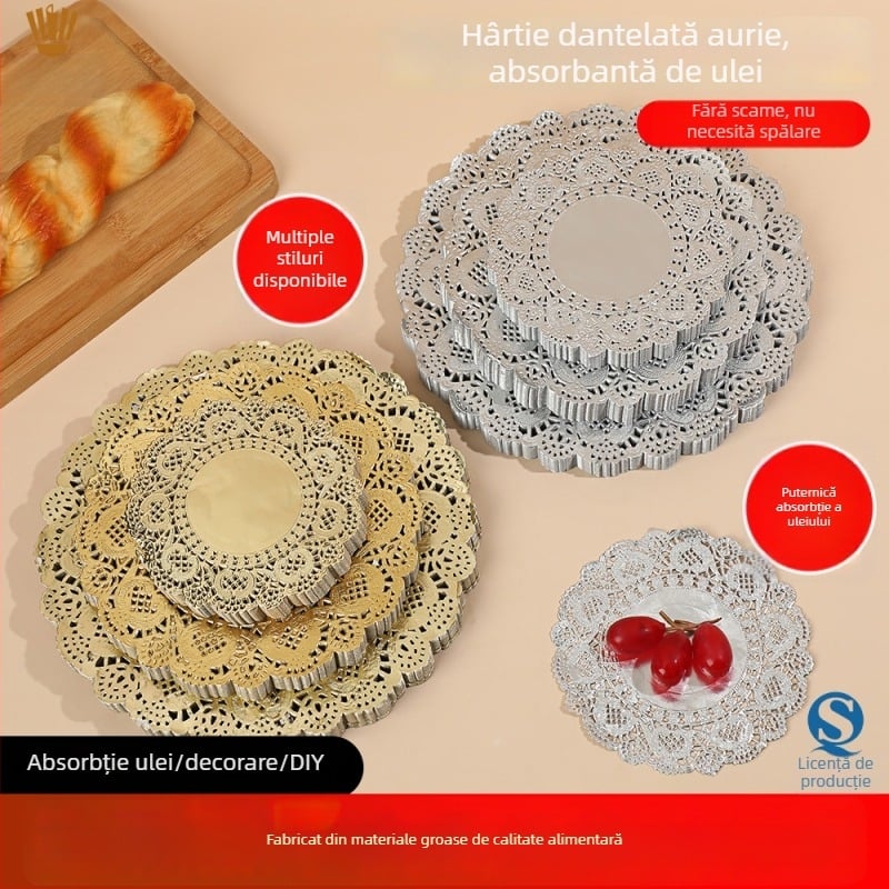 Hârtie de copt circulară, margine dantelată în nuanțe aurii și argintii, absorbantă la grăsimi, acoperire cu silicon, pentru prăjituri, pâine și baze de tort