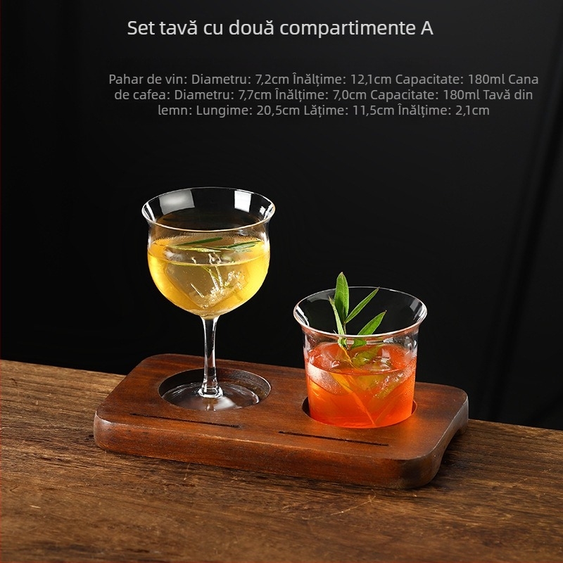 Set ceramic de cești pentru cafea cu tavă din lemn perforată pentru cold brew și latte american, stil retro