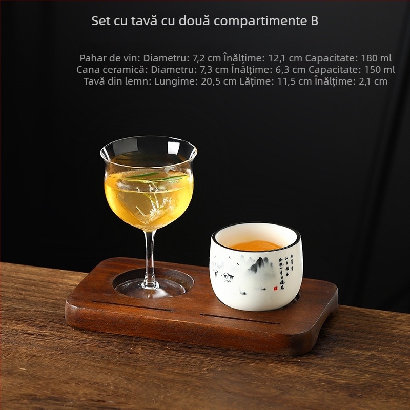 Set ceramic de cești pentru cafea cu tavă din lemn perforată pentru cold brew și latte american, stil retro
