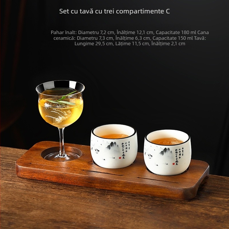 Set ceramic de cești pentru cafea cu tavă din lemn perforată pentru cold brew și latte american, stil retro
