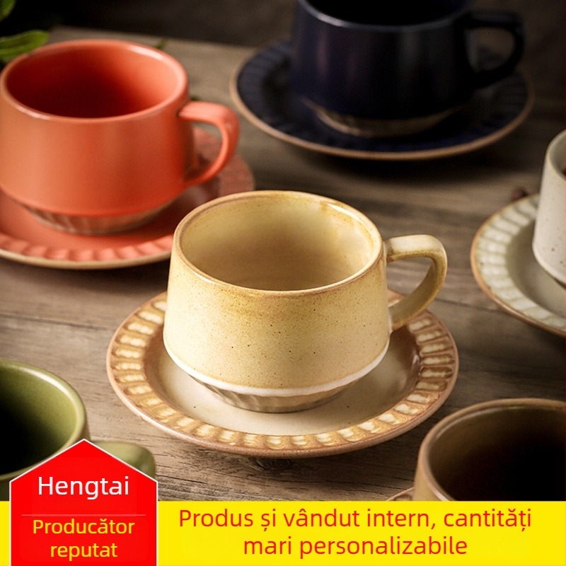 Set de ceașcă de cafea din ceramică retro cu farfurie — elegant și rafinat pentru uz personal
