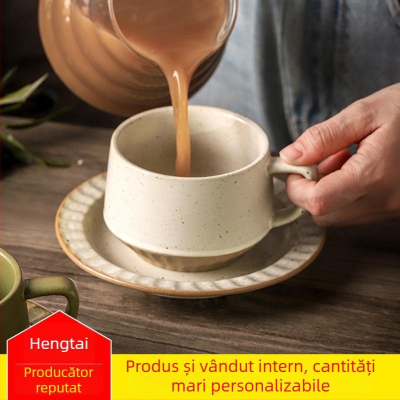 Set de ceașcă de cafea din ceramică retro cu farfurie — elegant și rafinat pentru uz personal