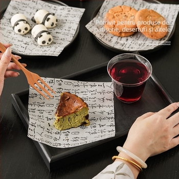Hârtie pergament antiulei pentru coacere 18x18 cm – modele cu dungi albastre și caligrafie, alimentară, de unică folosință, pentru coacere, cheesecake, sandwichuri și burgeri