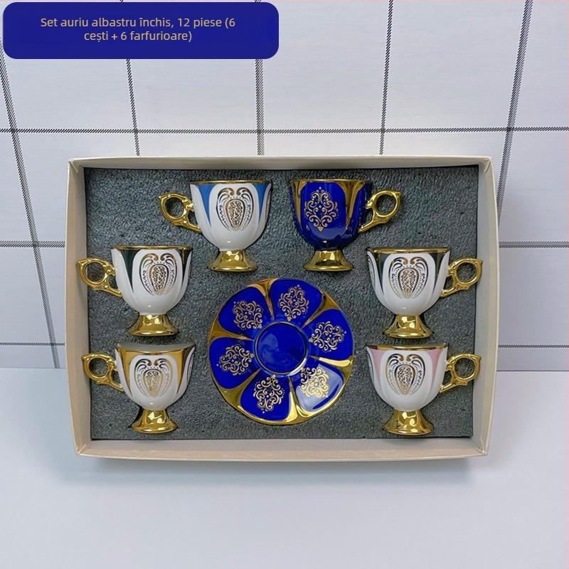 Set de cești și farfurioare ceramice pentru cafea, stil lux ușor, 12 piese, inspirație arabă/orientul mijlociu, model geometric floral