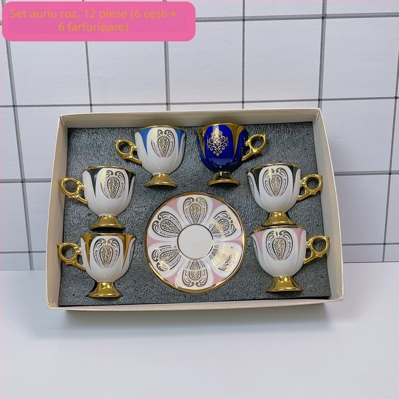 Set de cești și farfurioare ceramice pentru cafea, stil lux ușor, 12 piese, inspirație arabă/orientul mijlociu, model geometric floral