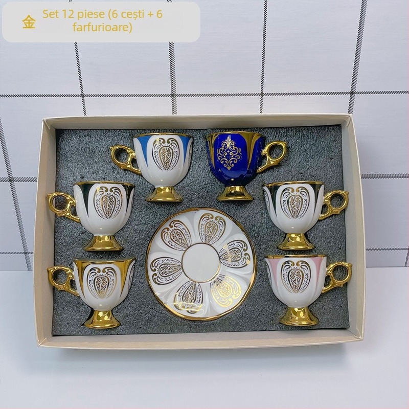 Set de cești și farfurioare ceramice pentru cafea, stil lux ușor, 12 piese, inspirație arabă/orientul mijlociu, model geometric floral