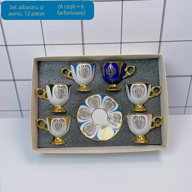 Set de cești și farfurioare ceramice pentru cafea, stil lux ușor, 12 piese, inspirație arabă/orientul mijlociu, model geometric floral