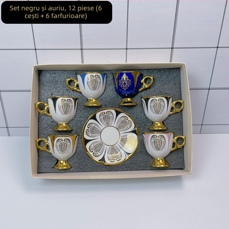 Set de cești și farfurioare ceramice pentru cafea, stil lux ușor, 12 piese, inspirație arabă/orientul mijlociu, model geometric floral