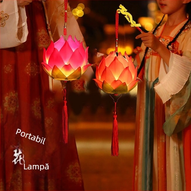 Lanternă portabilă cu lotus iluminat, lanternă de mână pentru Festivalul Luminilor, stil tradițional chinezesc