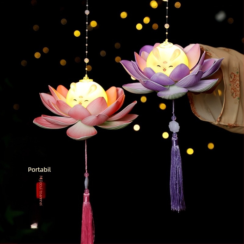 Lanternă portabilă cu lotus iluminat, lanternă de mână pentru Festivalul Luminilor, stil tradițional chinezesc