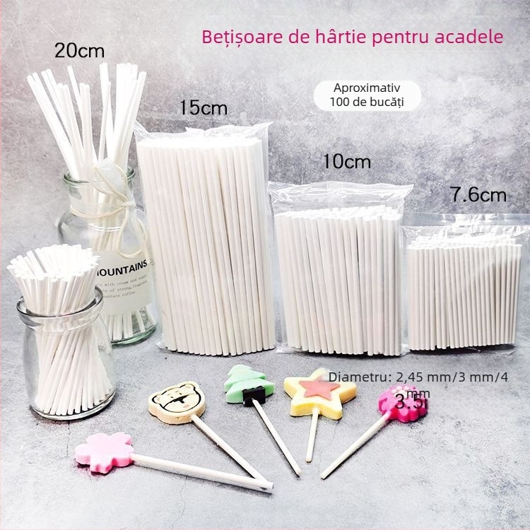 Bețe din hârtie alimentarӗ pentru bomboane pe bețișoare și ciocolată; netede, neaderente; bețe ecologice pentru decorarea prăjiturilor.
