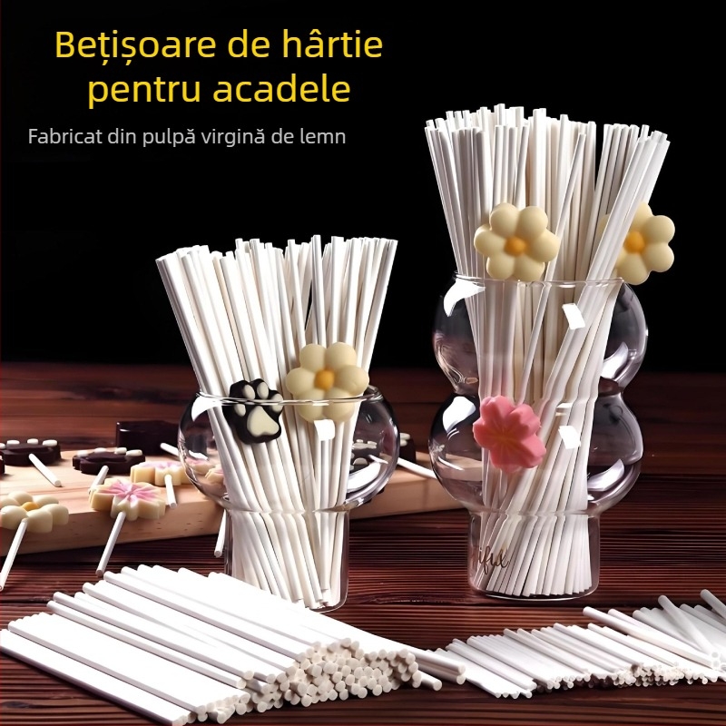 Bețe din hârtie alimentarӗ pentru bomboane pe bețișoare și ciocolată; netede, neaderente; bețe ecologice pentru decorarea prăjiturilor.