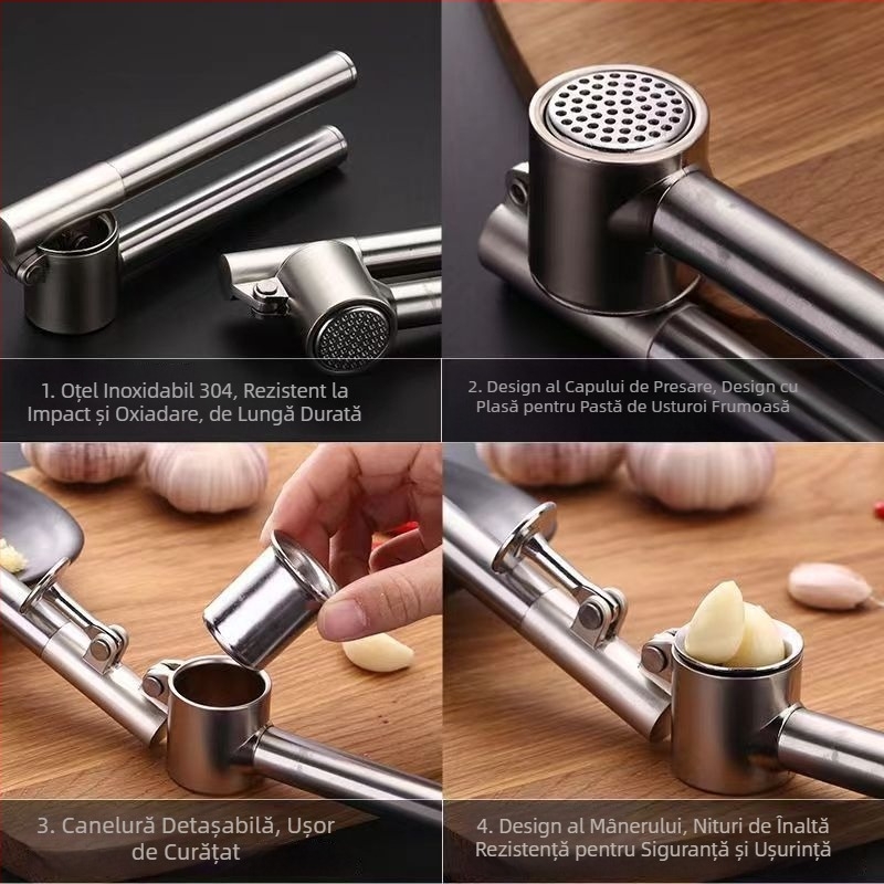 Presă de usturoi extensibilă din oțel inoxidabil, cu decojit și dispozitiv pentru pastă de usturoi – accesoriu de bucătărie