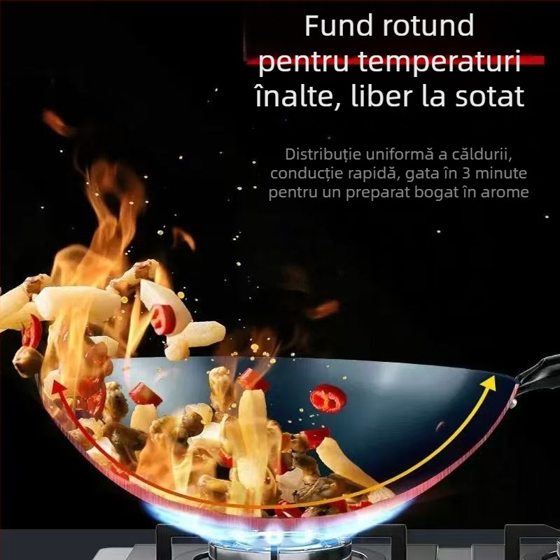 Wok din fier forjat, fund rotund, netencuit, pentru aragaz cu gaze, wok tradițional albastru din fier pentru uz casnic