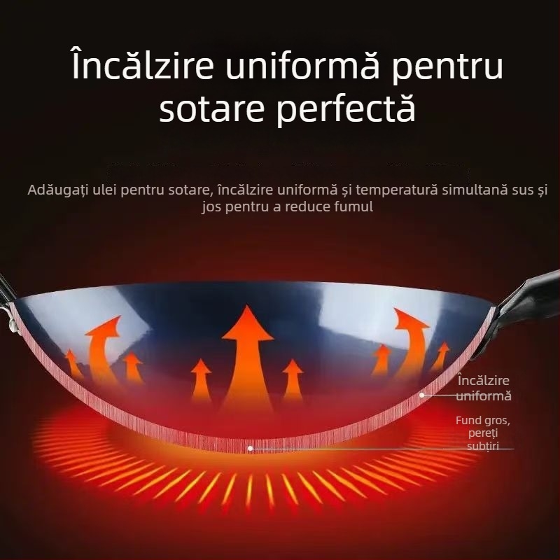 Wok din fier forjat, fund rotund, netencuit, pentru aragaz cu gaze, wok tradițional albastru din fier pentru uz casnic