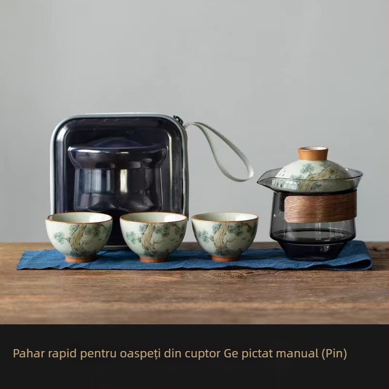 Set de ceai de călătorie cu pahare pictate manual, un ceainic și trei cești, portabil pentru exterior