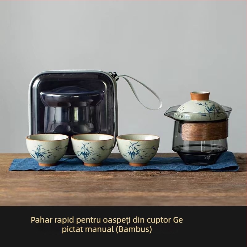 Set de ceai de călătorie cu pahare pictate manual, un ceainic și trei cești, portabil pentru exterior