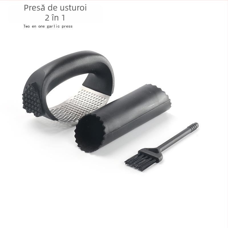 Presa de usturoi 2 în 1 cu perie de curățare și protecție pentru deget pentru curățarea usturoiului, instrument de bucătărie din oțel inoxidabil pentru pastă de usturoi