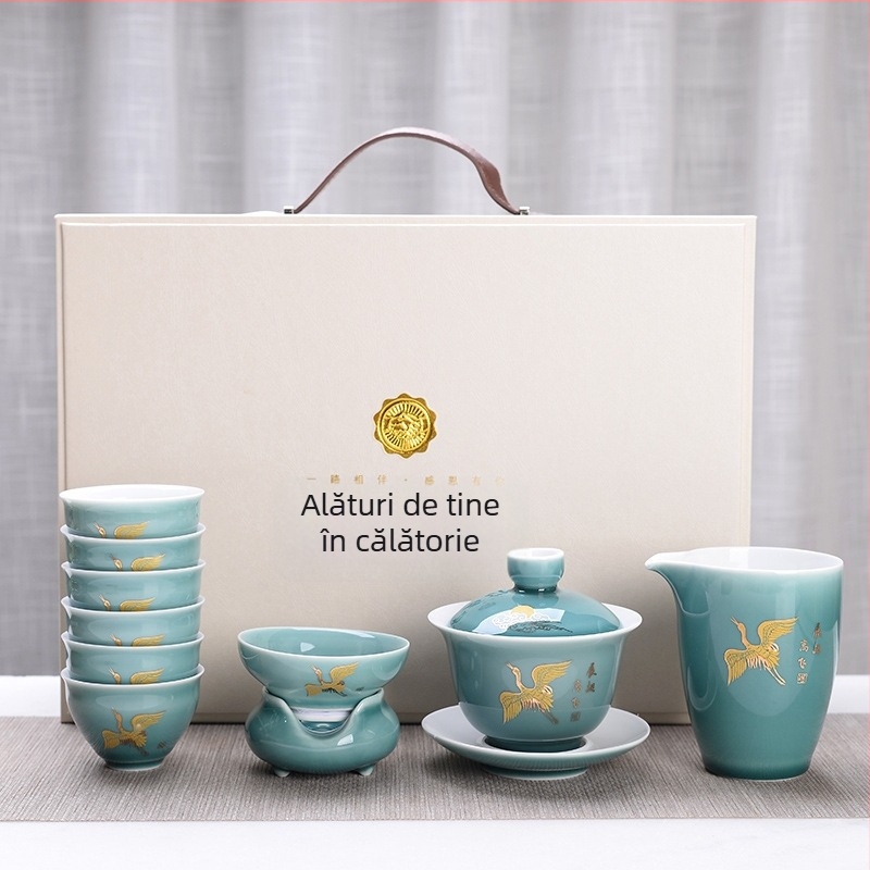 Set Gongfu din ceramică, 10 piese, glazură albastră, cadou de afaceri de lux, personalizabil