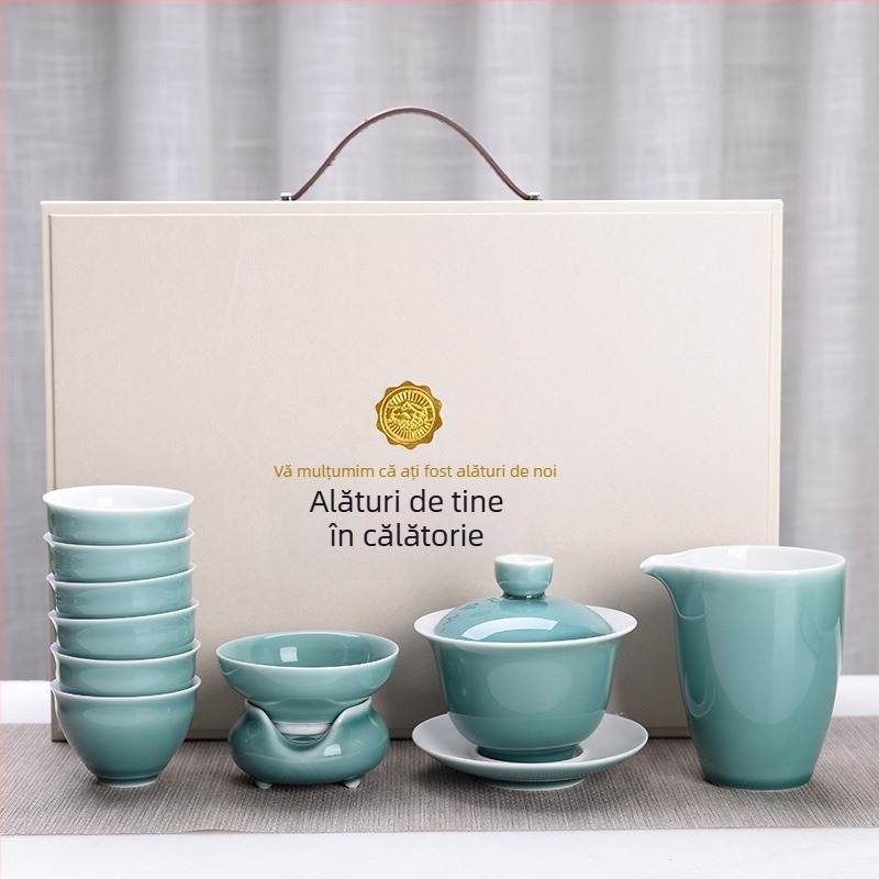 Set Gongfu din ceramică, 10 piese, glazură albastră, cadou de afaceri de lux, personalizabil