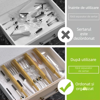 Divizor reglabil din bambus pentru sertare, organizator modular pentru bucătărie și garderobă