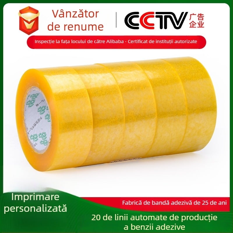 Bandă de ambalare de 4,5 cm, role mari – bej și transparent, pentru sigilarea coletelor