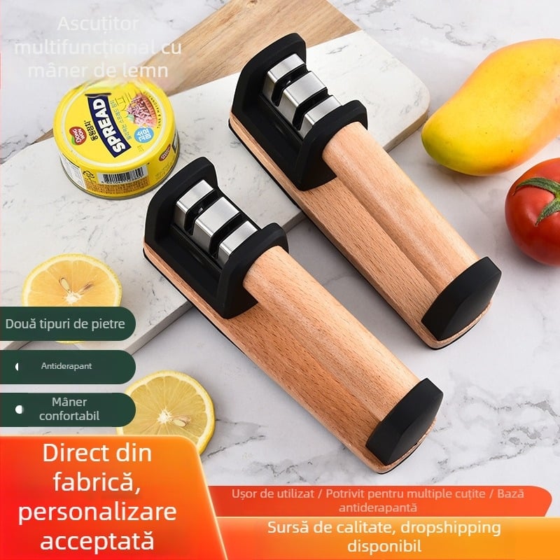 Zatoare de cuțite cu două etape, mâner din lemn, pentru uz casnic, cu tijă ceramică din oțel tungsten
