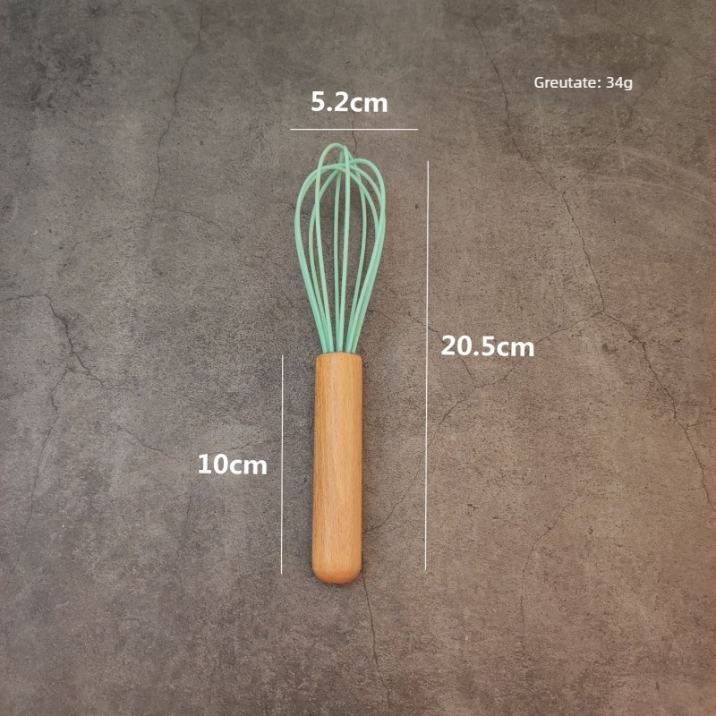 Tel de ouă cu mâner din lemn și cap din silicon, 8 inch, pentru ouă și smântână, instrument de bucătărie pentru uz casnic