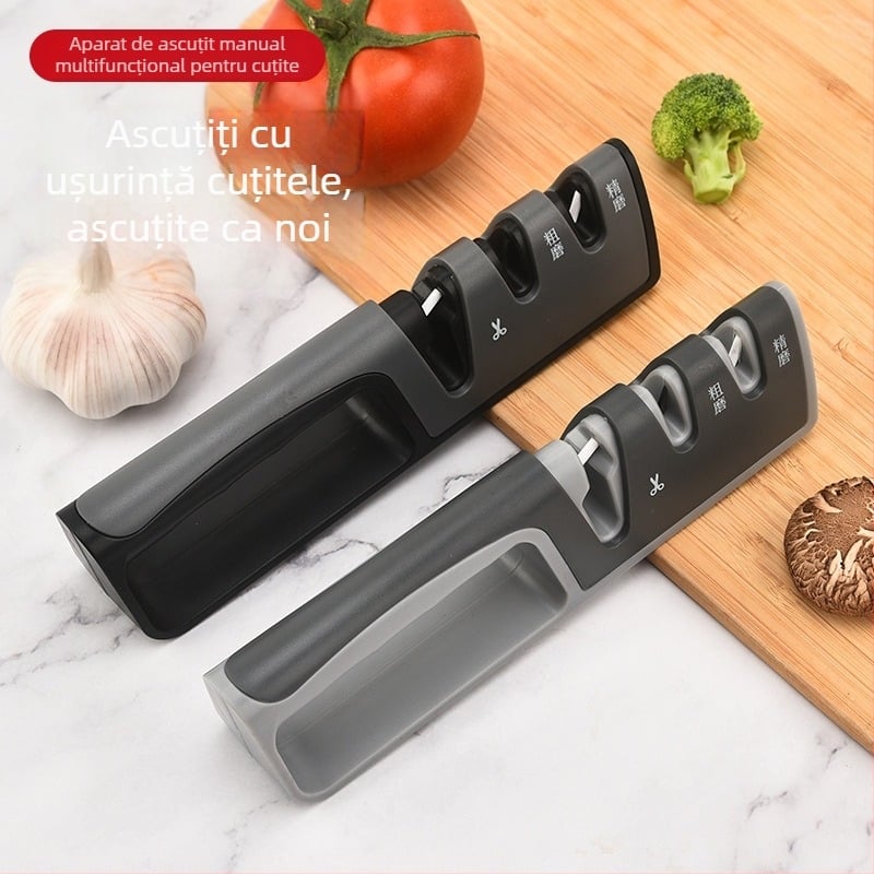 Ascuțitor manual pentru cuțite și foarfece, din oțel wolfram, 3 etape, multifuncțional, pentru uz casnic