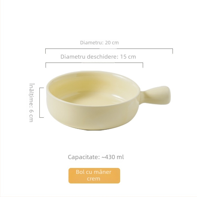Vas ceramic cu mâner pentru uz casnic, vas de copt ceramic cu mâner, bol pentru mic dejun cu ovăz, salată de fructe și iaurt, stil nordic, diametru aproximativ 20 cm