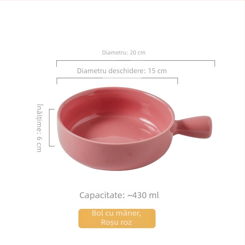 Vas ceramic cu mâner pentru uz casnic, vas de copt ceramic cu mâner, bol pentru mic dejun cu ovăz, salată de fructe și iaurt, stil nordic, diametru aproximativ 20 cm