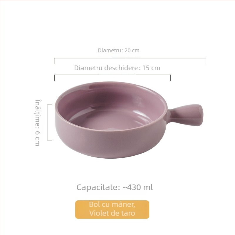 Vas ceramic cu mâner pentru uz casnic, vas de copt ceramic cu mâner, bol pentru mic dejun cu ovăz, salată de fructe și iaurt, stil nordic, diametru aproximativ 20 cm