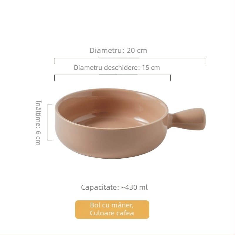 Vas ceramic cu mâner pentru uz casnic, vas de copt ceramic cu mâner, bol pentru mic dejun cu ovăz, salată de fructe și iaurt, stil nordic, diametru aproximativ 20 cm