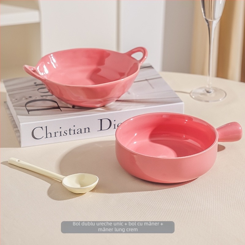 Vas ceramic cu mâner pentru uz casnic, vas de copt ceramic cu mâner, bol pentru mic dejun cu ovăz, salată de fructe și iaurt, stil nordic, diametru aproximativ 20 cm