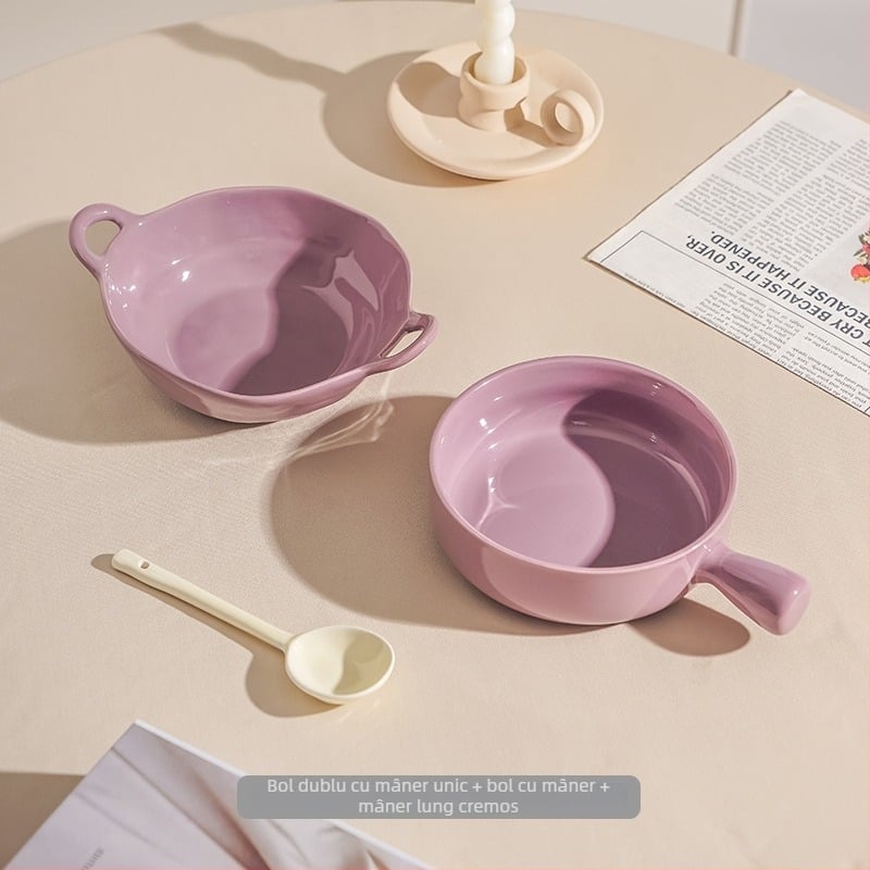 Vas ceramic cu mâner pentru uz casnic, vas de copt ceramic cu mâner, bol pentru mic dejun cu ovăz, salată de fructe și iaurt, stil nordic, diametru aproximativ 20 cm