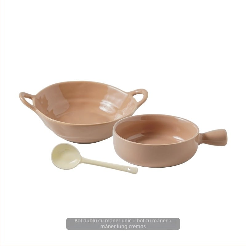 Vas ceramic cu mâner pentru uz casnic, vas de copt ceramic cu mâner, bol pentru mic dejun cu ovăz, salată de fructe și iaurt, stil nordic, diametru aproximativ 20 cm
