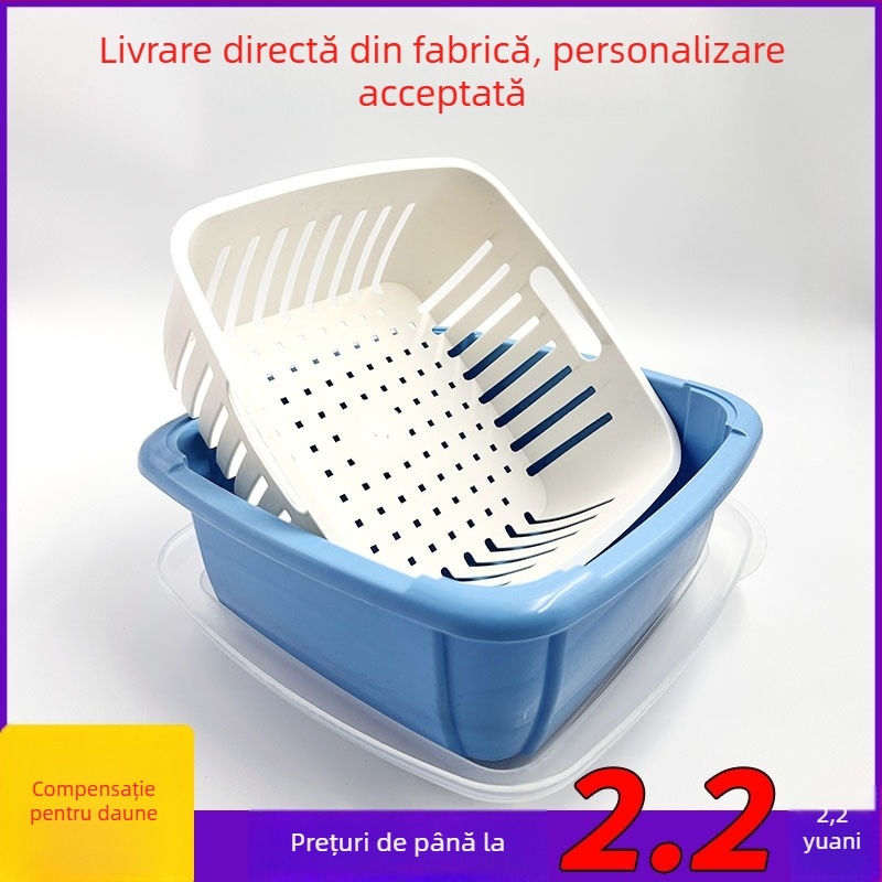 Coș dublu strat pentru spălarea și scurgerea legumelor și fructelor, cu capac, recipient plastic pentru depozitare