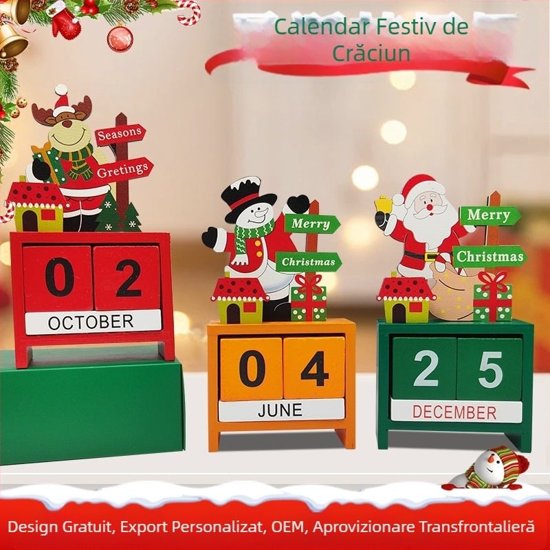 Calendar din lemn pentru birou – calendar perpetuu, decor de Crăciun