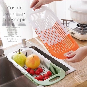 Coș telescopic de scurgere pentru spălarea legumelor și a fructelor, coș de plastic pentru depozitare în chiuveta bucătărie