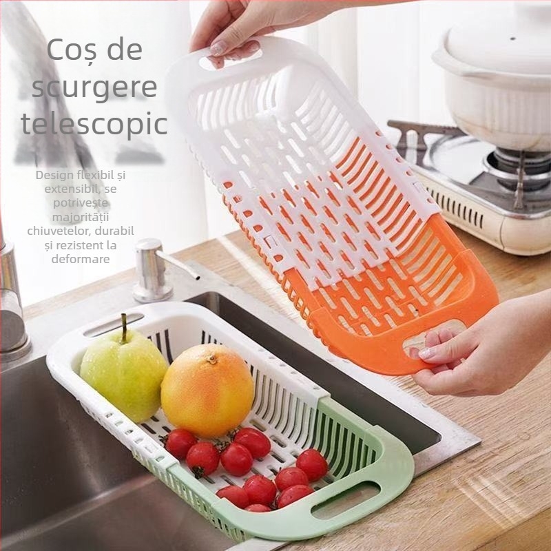Coș telescopic de scurgere pentru spălarea legumelor și a fructelor, coș de plastic pentru depozitare în chiuveta bucătărie