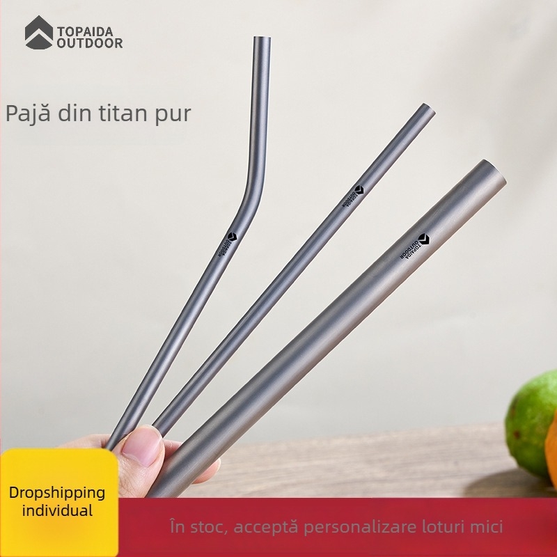 Pai de titan cu cot, portabil și reutilizabil pentru ceai cu lapte, pai metalic ecologic din aliaj de titan