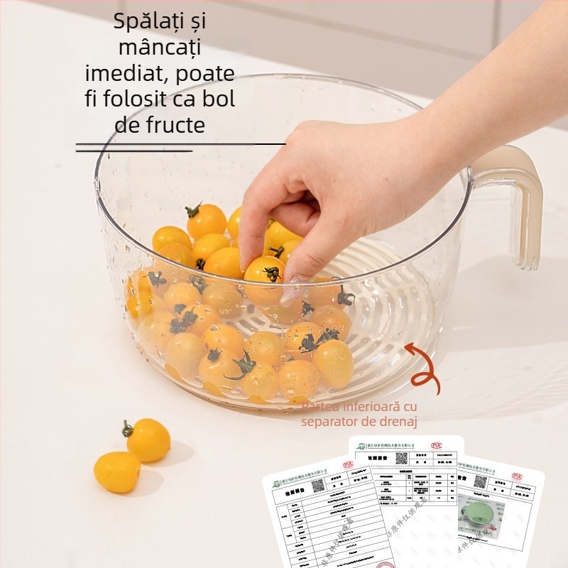 Castron multifuncțional pentru spălat orez și legume, strecurător de orez, coș de scurgere – accesoriu de bucătărie certificat pentru contactul cu alimentele