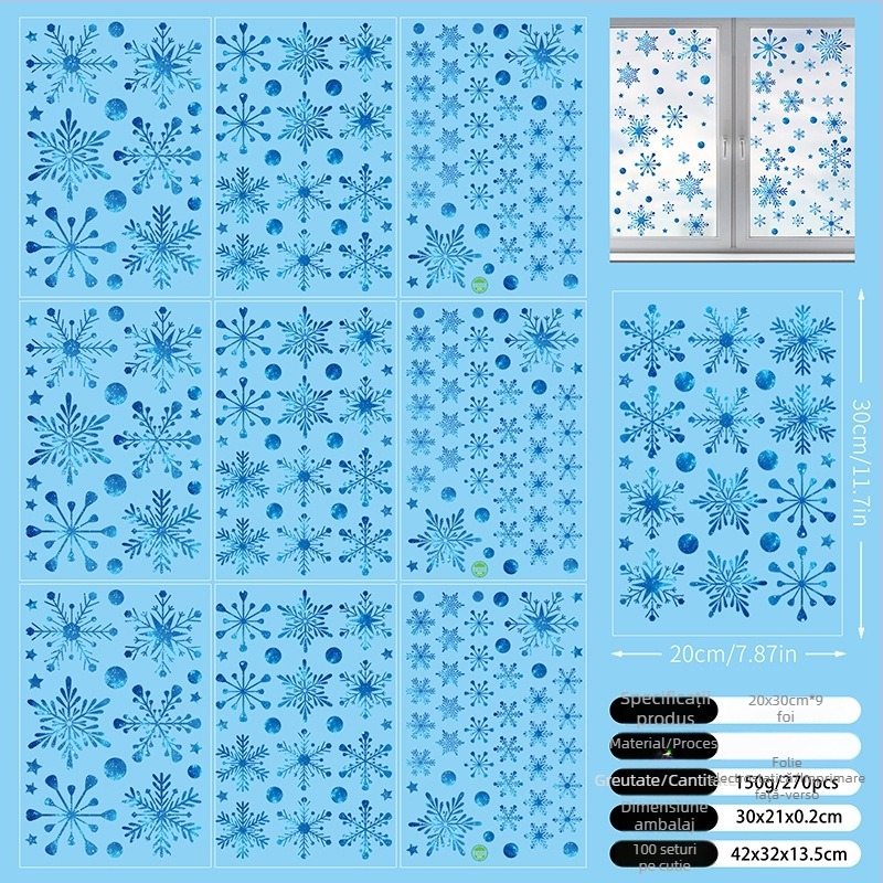Fulgi de zăpadă de Crăciun pe sticlă — autocolante statice decorative pentru ferestre, PVC, set cu 5+ bucăți
