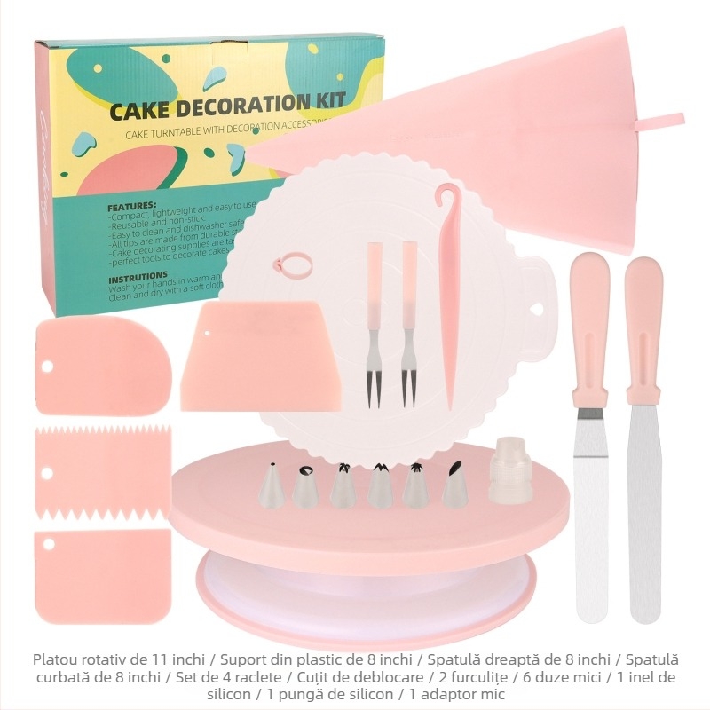 Set de decorare a torturilor cu platou rotativ, 20 de piese, spatule pentru cremă