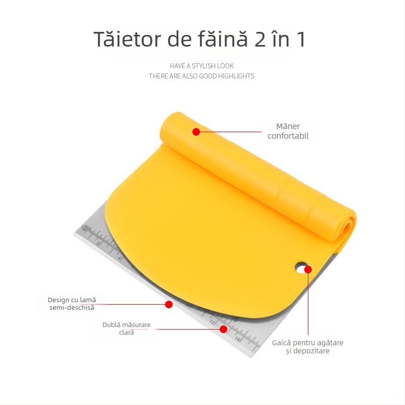 Spatulă 2 în 1 pentru aluat cu riglă încorporată, din oțel inoxidabil, cuțit pentru aluat și pentru făină pentru coacere