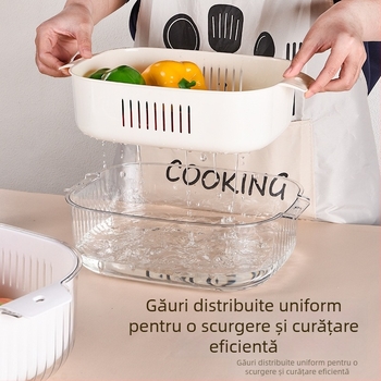 Coș de scurgere din plastic, multifuncțional pentru bucătărie, pentru spălat legume și fructe, coș cu două niveluri pentru fructe și legume.