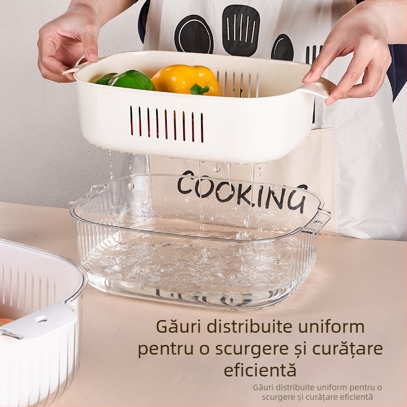 Coș de scurgere din plastic, multifuncțional pentru bucătărie, pentru spălat legume și fructe, coș cu două niveluri pentru fructe și legume.