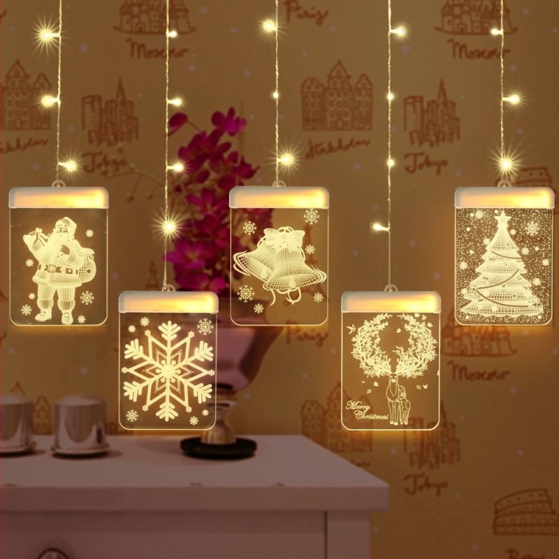 Șir de lumini LED cu stele pentru perdea, alimentare USB, decor 3D de Crăciun pentru interior