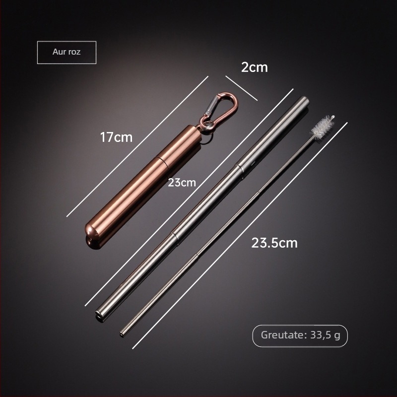 Pai telescopic din oțel inoxidabil 304, cu fund rotund, carcasă din aluminiu multicoloră și carabinieră – set portabil de paie