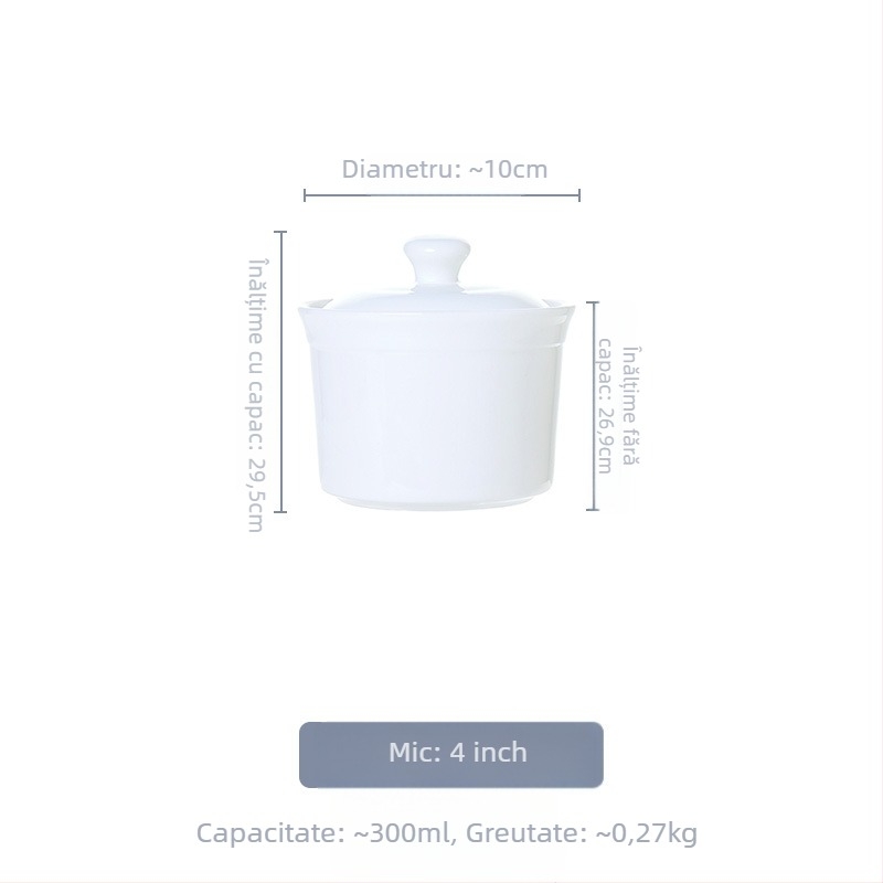 Vas ceramic din porțelan osos alb, cu capac, pentru o porție, cu interior și colorare sub glazură pentru ou fiert la abur